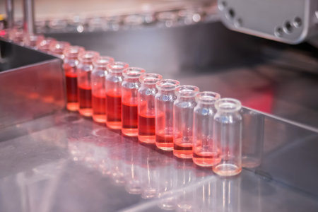 Pharmaceutical automatic production line machine conveyor with glass bottles with red liquid at pharmacy processing factory - close up. Pharma, medicine, vaccination, automated technology conceptの写真素材