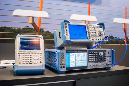 MOSCOW, RUSSIA - JUNE 05, 2019: Measurement exhibition. Handheld spectrum, network, cable, antenna...