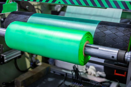 Part of automatic plastic bag making machine - moving roller with flat polyethylene green film at...
