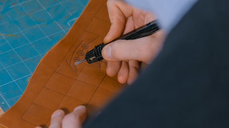 Professional male skinner, tanner making decorative details on leather playing field for strategy...