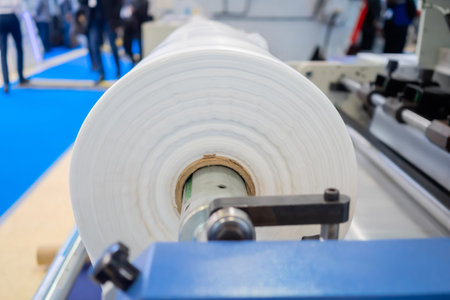 Side view: moving roller with flat polyethylene transparent film - automatic plastic bag making...