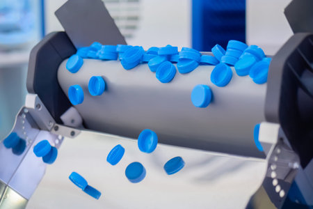 Production line - many blue plastic bottle caps falling from conveyor belt at factory, exhibition....