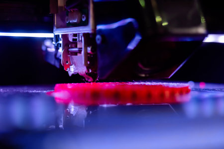 Three dimensional printer making flat physical red lastic 3D model at modern futuristic exhibition -...