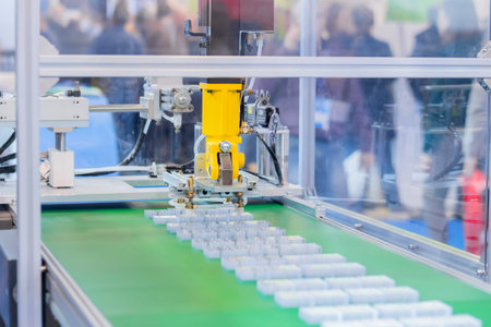Pick and place yellow robotic arm manipulator moving flat plastic details on conveyor belt at modern...