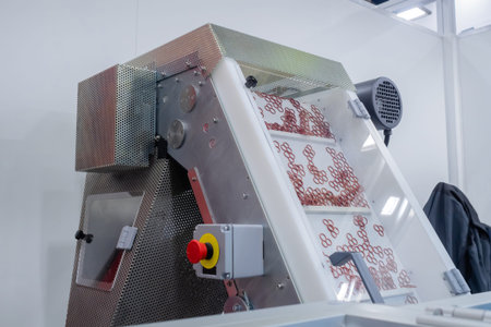 Plastic details moving on conveyor belt of automatic injection molding machine at factory,...