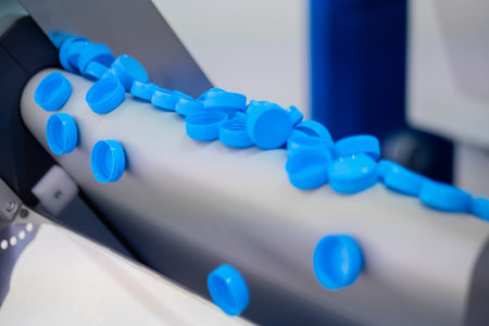 Production line - many blue plastic bottle caps falling from conveyor belt at factory, exhibition....