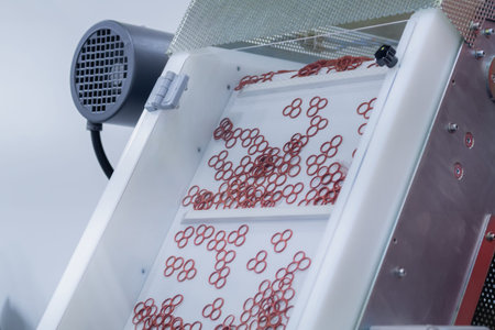 Plastic details moving on conveyor belt of automatic injection molding machine at factory,...
