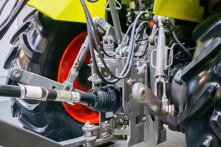 Back view of modern yellow tractor machine at agricultural trade show, market, exhibition