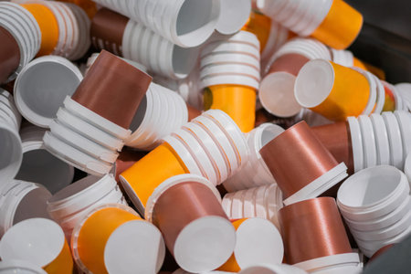 Many stacks of empty orange and brown plastic cups at warehouse, factory, plant - close up. Manufacturing, recycling, industry, technology conceptの写真素材