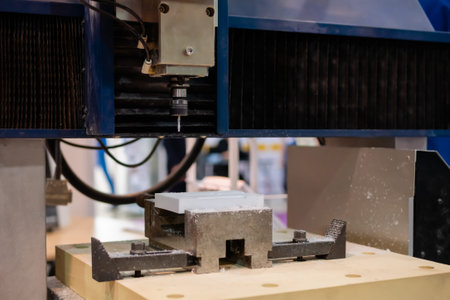 Turning milling machine cutting white acrylic artificial stone workpiece at factory, exhibition....