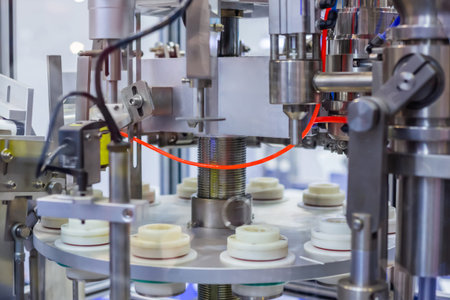 Automatic vacuum capping machine at packaging exhibition, trade show - close up view. Manufacturing,...