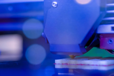 Close up: 3D printer prints physical plastic model at modern technology exhibition, factory....
