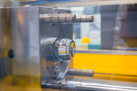 Mold plates - part of automatic injection molding machine at exhibition, trade show. Manufacturing,...