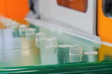 Empty plastic sauce cups moving on conveyor belt of automatic injection molding machine at factory,...
