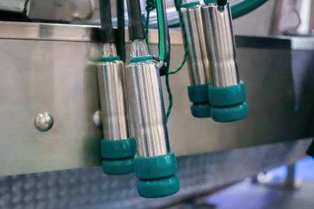 Teat cups of automated cow milking suction machine at cattle dairy farm, exhibition, trade show....