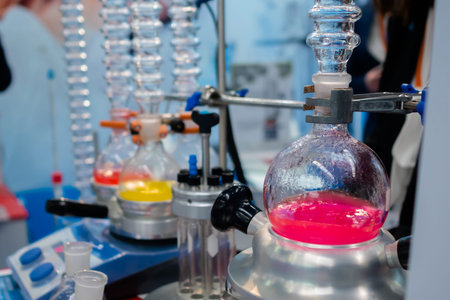 Laboratory equipment - glass flask with multicolored liquid on heating mantle. Chemistry, science,...