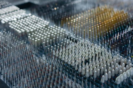 Collection of dental carbide burs, dental tools, equipment in row - selective focus. Stomatology,...