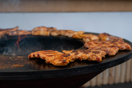Barbecue, outdoor cooking, gastronomy, cookery, street food concept. Process of cooking fresh juicy...