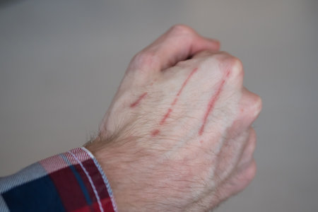 Close up - man showing hand with cat scratches on skin. Pain, damaged, inflammation, injury conceptの写真素材