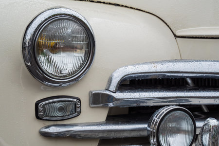 NIZHNY NOVGOROD, RUSSIA - JUNE 15, 2020: Classic Soviet Car Exhibition. Headlight of vintage soviet...