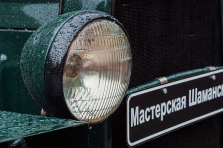 NIZHNY NOVGOROD, RUSSIA - JUNE 15, 2020: Classic Soviet Car Exhibition. Close up: headlight of vintage soviet car. Historical, retro, vintage and nostalgia conceptのeditorial素材