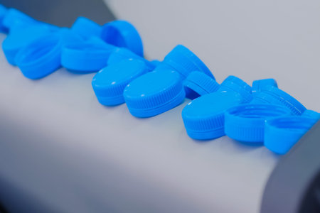 Production line - many blue plastic bottle caps falling from conveyor belt of automatic molding...