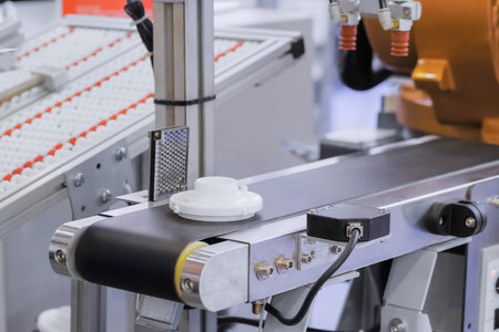 Close up: white plastic detail on conveyor belt at modern robot trade show, exhibition. Manufacturing, engineering, industrial, ai, automated technology conceptの写真素材