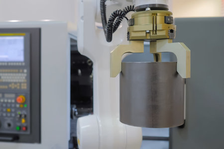 Pick and place industrial robotic clamp arm manipulator moving cylindrical metal workpiece at modern robot exhibition, trade show - close up view. Manufacturing, engineering, ai, technology conceptの写真素材