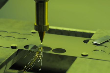 Automatic cnc laser cutting machine working with sheet metal with sparks - close up. Machining, industrial, technology, manufacturing conceptの写真素材