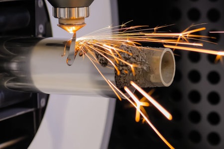 Automatic cnc laser cutting machine working with cylindrical metal workpiece with sparks at factory,...