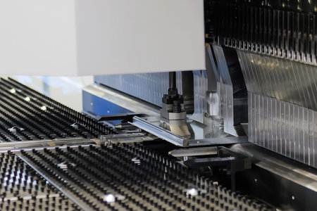 Automatic cnc hydraulic press bending machine working with sheet metal at factory, plant....