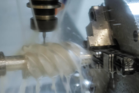 Automated cnc turning milling machine with cooling system cutting metal workpiece at factory,...