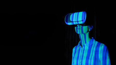 Woman using virtual reality headset and looking around at interactive technology exhibition with...