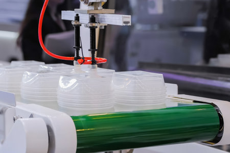 Close up: stack of polypropylene food containers on conveyor belt of automatic plastic injection molding machine with robotic arm at exhibition, trade show. Manufacturing, industry, technology conceptの写真素材
