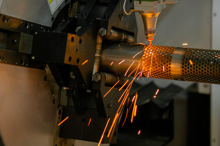 CNC laser cutting machine working with cylindrical metal workpiece with many sparks at factory,...