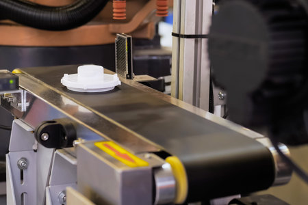 Moving plastic detail on conveyor belt at modern robot trade show, exhibition - close up....