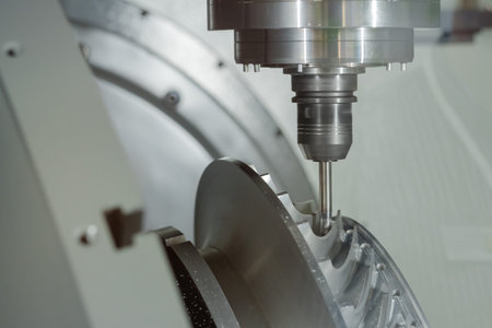 Automated cnc vertical turning milling machine cutting metal workpiece at factory, exhibition, plant...