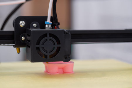 Print head of three dimensional printer machine printing pink plastic model at modern exhibition -...