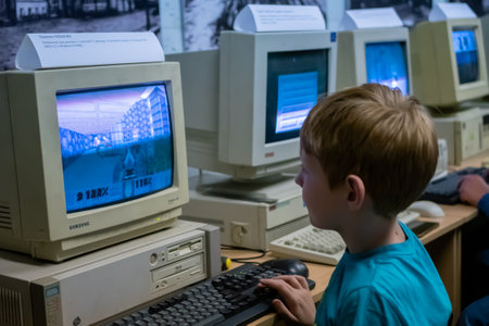 MOSCOW, RUSSIA - JUNE 25, 2019: Exhibition of old desktop computers in technology museum - little boy playing retro video games - Doomのeditorial素材