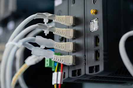 Telecommunication technology equipment - fiber optic cables and switch at server room, data center -...