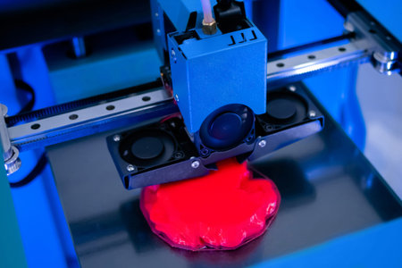 Print head of three dimensional printer machine printing red flat plastic model at modern...