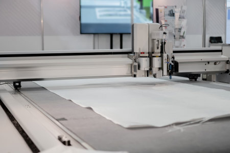 Digital cutting and creasing plotter - cnc flatbed cutter at factory, exhibition. Automated technology, industrial, robotic, electronic, production, manufacturing conceptの写真素材