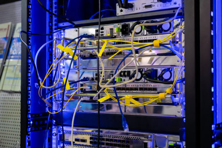 Telecommunication technology equipment - fiber optic cables and switch at server room, data center....