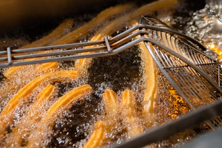 Process of cooking homemade crunchy yellow churros in boiling oil at summer outdoor food market - close up view. Traditional spanich cuisine, cookery, gastronomy, street food conceptの写真素材