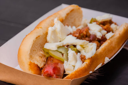 Sandwich, hot dog with sausage, cheese and sause ketchup in paper box on table at street food...