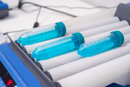 Tube roller mixer for mixing, blending biological samples in glass flasks at pharmacy factory, medical exhibition: close up. Chemistry, pharmaceutical, laboratory equipment conceptの写真素材