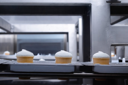 Conveyor belt with ice cream cones - icecream automatic production line on dairy factory. Manufacturing, dairy industry, food processing, and automated technology equipment conceptの写真素材