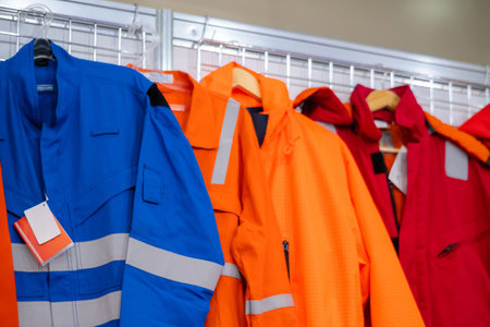 Jackets with reflective stripes - road workers special clothing. Workwear, protection clothing and...
