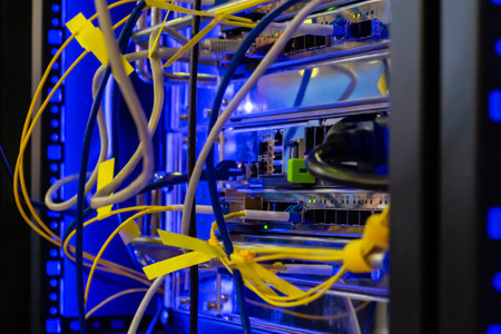 Telecommunication technology equipment - fiber optic cables and switch at server room, data center - close up. Network, transfer, traffic, web, hardware, connection and internet conceptの写真素材