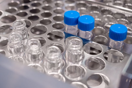 Medical glass vials in showcase at pharmaceutical exhibition, pharmacy laboratory - close up. Pharma...
